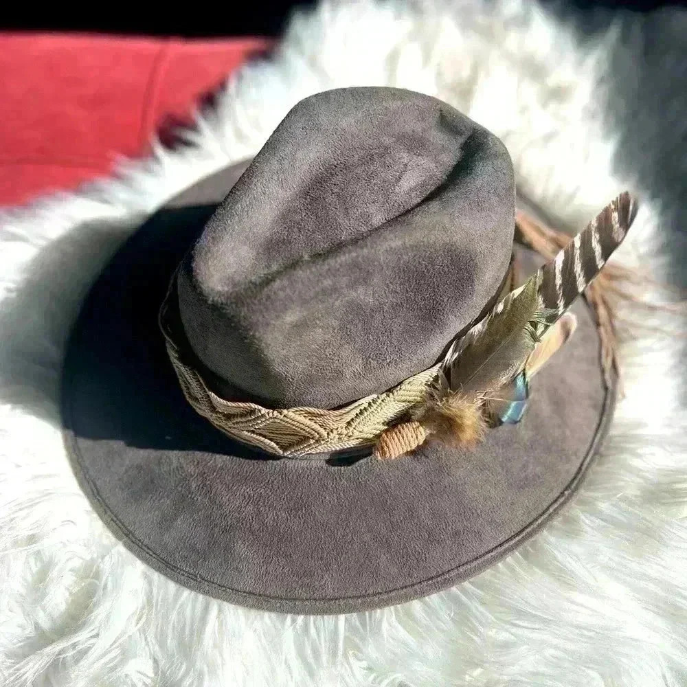 Custom Felt hat with plumes & macrame boho Tulum Suede Western Hat Widebrim